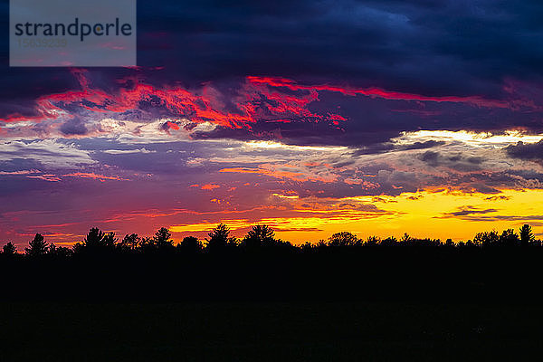 Dramatischer Himmel bei Sonnenuntergang mit dunklen Wolken und farbenfrohem Licht  das über silhouettierten Bäumen leuchtet; Bromont  Quebec  Kanada