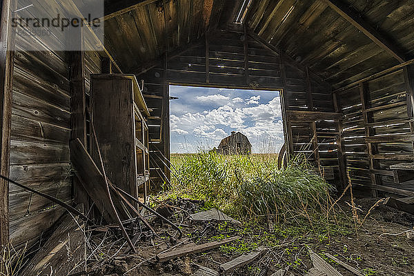 Verlassene Scheune im Inneren mit Blick auf ein anderes landwirtschaftliches Gebäude; Val Marie  Saskatchewan  Kanada