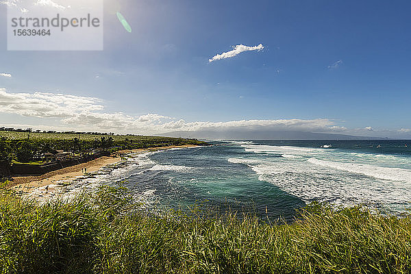 Üppiges grünes Laub und Blick auf die Wellen und den Ko'okipa Beach vom Ho'okipa Lookout entlang der North Shore Küste in der Nähe von Paia; Maui  Hawaii  Vereinigte Staaten von Amerika