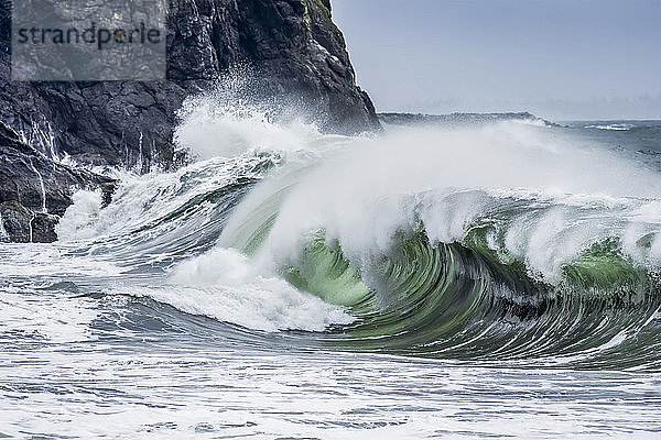 Eine Welle zeigt ihr dunkles Inneres am Cape Disappointment an der Küste von Washington; Ilwaco  Washington  Vereinigte Staaten von Amerika