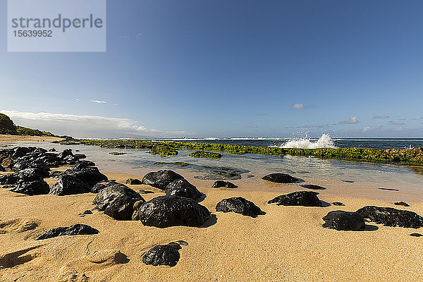 Felsen am Ho'okipa Beach und eine Welle  die gegen mit Seegras bewachsene Felsen entlang der Küste bei Paia schlägt  mit Windsurfern im Hintergrund; Maui  Hawaii  Vereinigte Staaten von Amerika