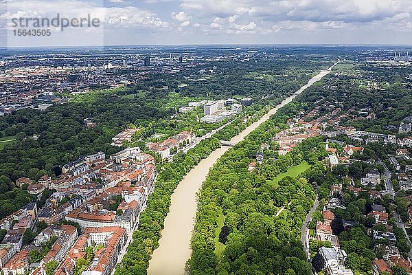 Luftaufnahme  Bogenhausen mit Isar bei Hochwasser  hinter Max-Planck-Institut für Physik  München  Oberbayern  Bayern  Deutschland  Europa