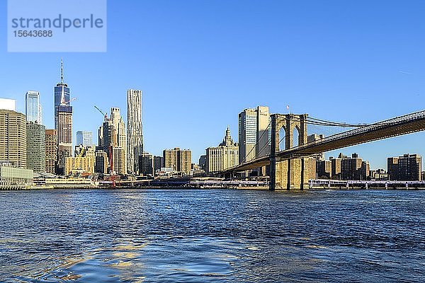 Blick vom Pier 1 über den East River auf die Skyline von Manhattan  Manhattan Bridge  Dumbo  Downtown Brooklyn  Brooklyn  New York
