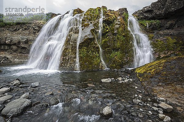 Fossarett Wasserfall mit Fluss Fossa am Fjord Hvalfjörður  Langzeitbelichtung  Südisland  Island  Europa