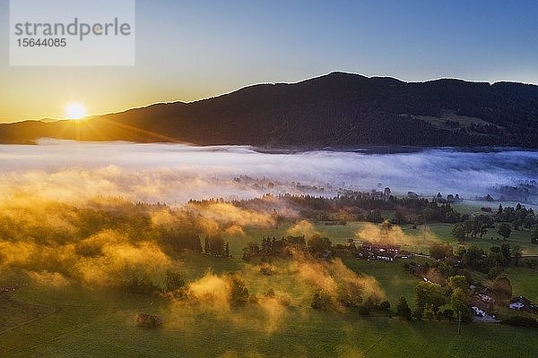 Sonnenaufgang mit Bodennebel bei Gaißach  Berge Sulzkopf und Rechelkopf  Isarwinkel  Luftbild  Oberbayern  Bayern  Deutschland  Europa
