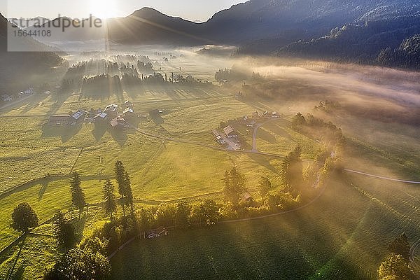 Sonnenaufgang mit Bodennebel  Jachenau  Isarwinkel  Luftbild  Oberbayern  Bayern  Deutschland  Europa