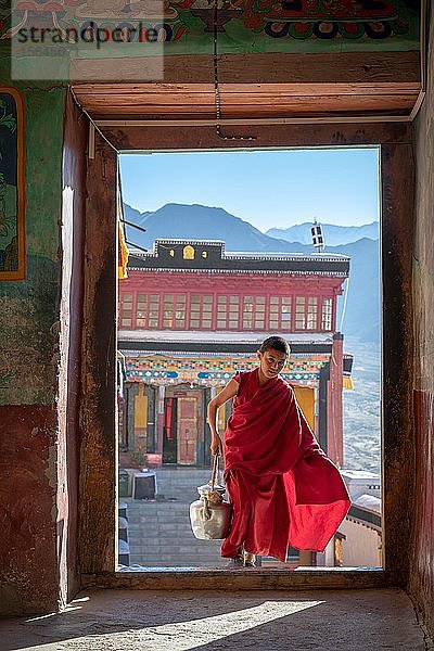 Junger Mönch bringt Buttermilchtee in die Gebetshalle  Kloster Thiksey  Ladakh  Jammu und Kaschmir  Indien  Asien