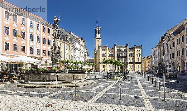 Marktplatz mit Rathaus und Springbrunnen  Marsbrunnen oder Rolandbrunnen  Zittau  Sachsen  Deutschland  Europa