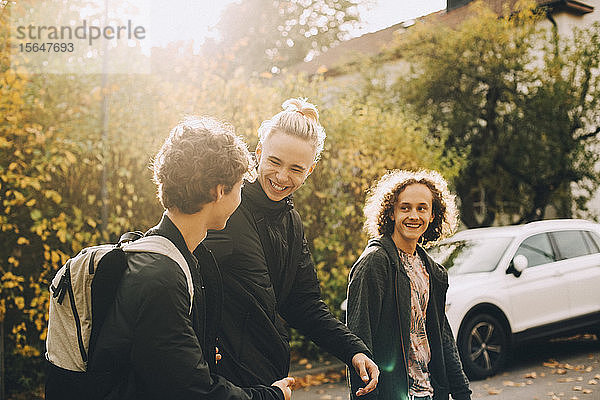 Lächelnde männliche Freunde unterhalten sich beim gemeinsamen Spaziergang an einem sonnigen Herbsttag