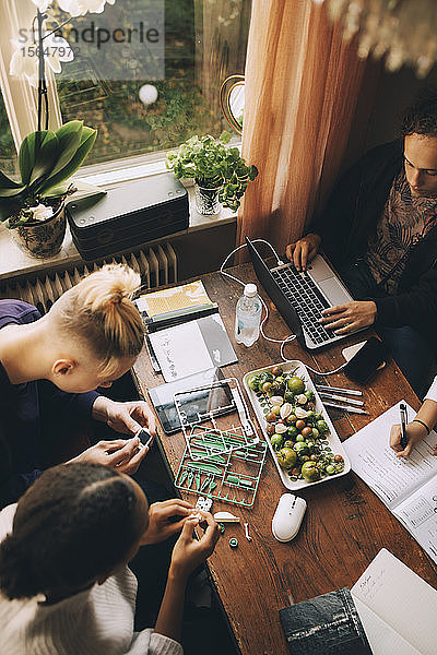 Schrägansicht von Freunden  die an einem Projekt arbeiten  während ein Teenager im Haus am Tisch lernt