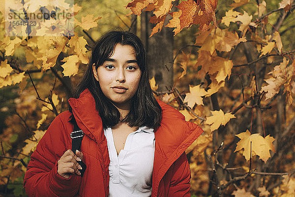 Porträt eines selbstbewussten Teenager-Mädchens in roter Jacke vor Ahornbäumen stehend