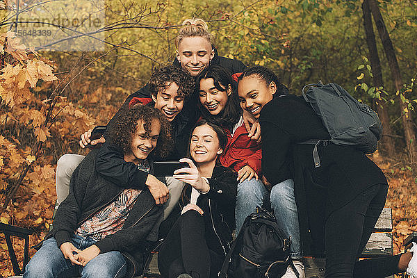Teenagerin  die im Herbst mit Freunden auf einer Bank an Bäumen sitzend Selbstgespräche führt