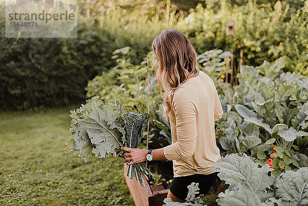 Frau kümmert sich um Pflanzen und Gemüse im Garten