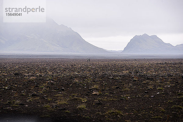 Zwei Menschen inmitten einer weiten  flachen Landschaft  Landmannalaugar  Island