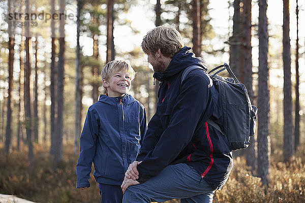 Vater und Sohn unterhalten sich im Wald  Finnland