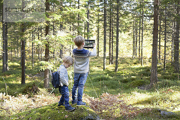 Kleinkind mit Bruder fotografiert Wald