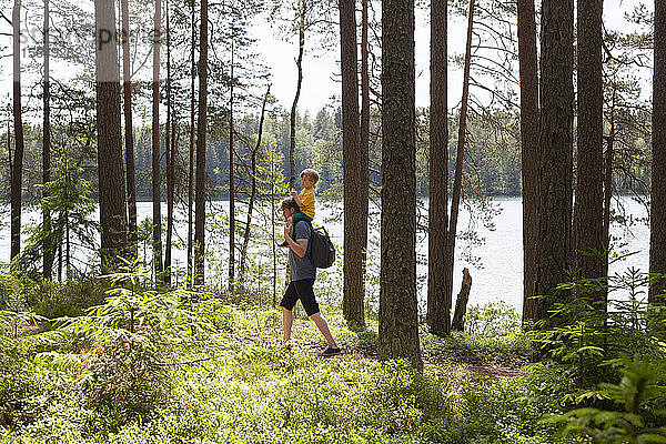 Vater reitet Sohn huckepack im Wald  Finnland