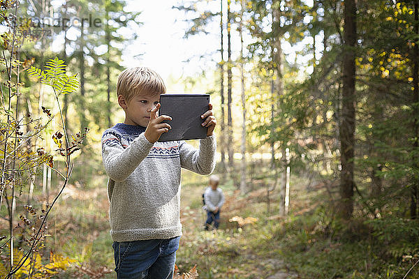 Junge fotografiert den Wald  Bruder folgt ihm