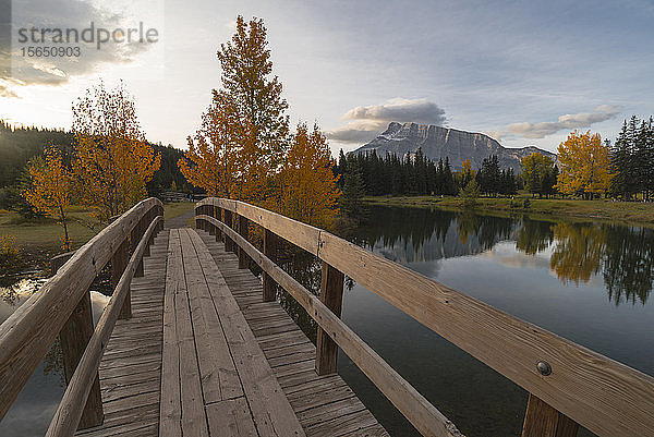 Brücke über den Cascade Pond mit Mount Rundle am Horizont im Herbst  Banff National Park  UNESCO-Weltkulturerbe  Alberta  Rocky Mountains  Kanada