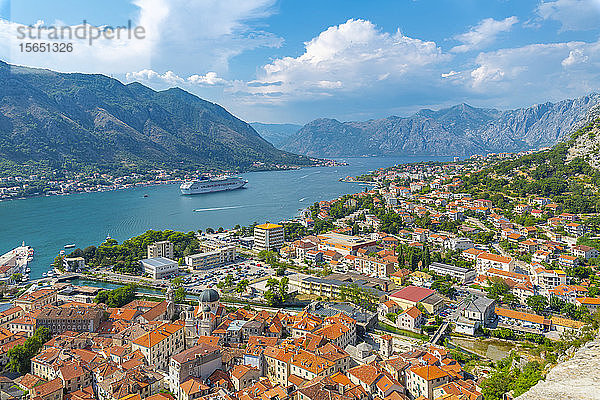 Blick auf ein Kreuzfahrtschiff und die roten Dächer der Altstadt  UNESCO-Weltkulturerbe  Kotor  Montenegro