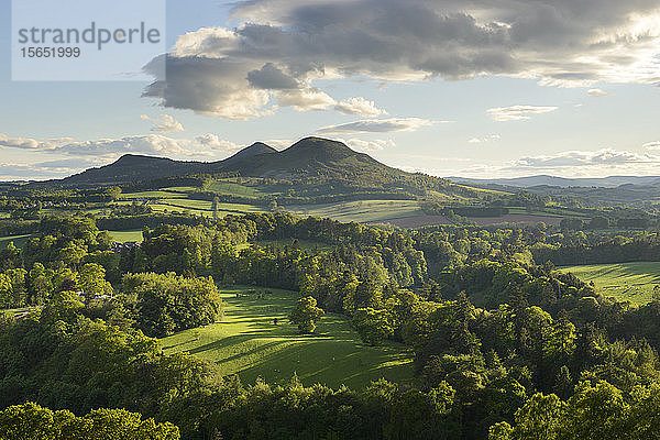 Die Eildon Hills in den Scottish Borders  fotografiert von Scott's View bei Bemersyde  Schottland  Vereinigtes Königreich