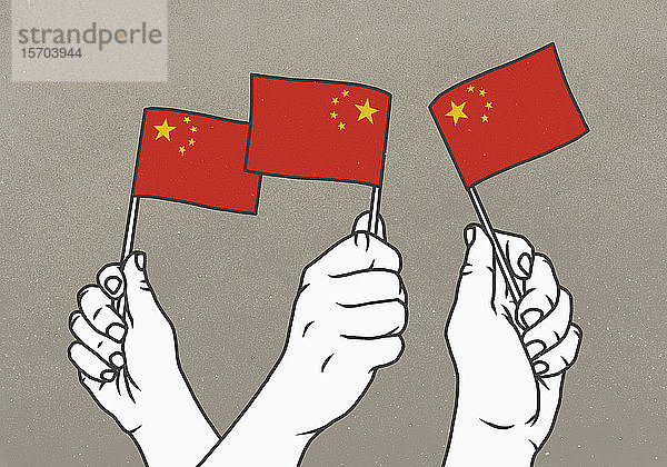 Hände  die kleine chinesische Flaggen schwenken