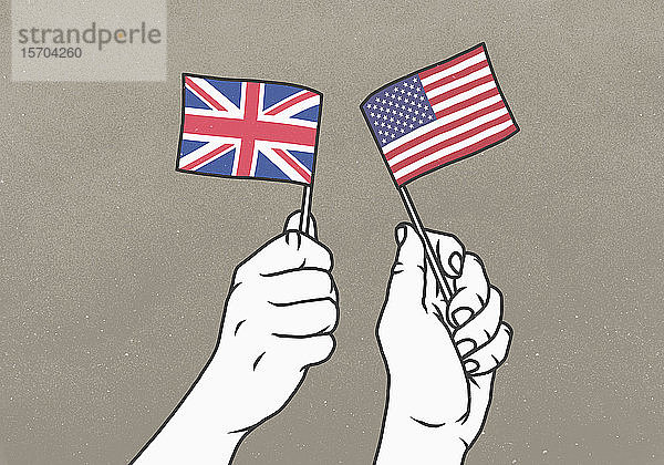 Die Hände schwenken kleine britische und amerikanische Flaggen