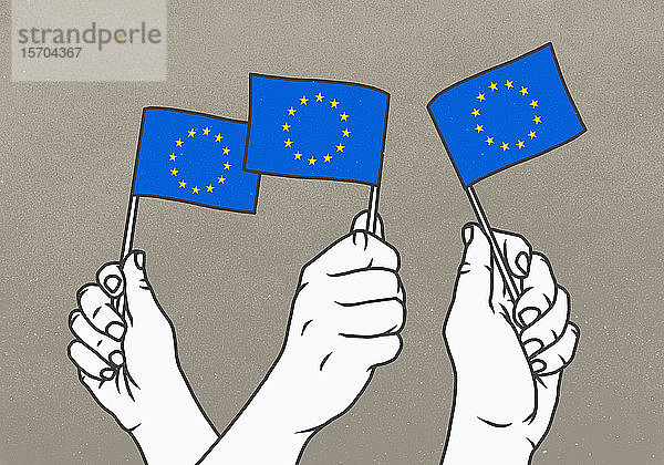 Hände  die kleine Flaggen der Europäischen Union schwenken