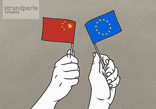 Hände  die die Flaggen Chinas und der Europäischen Union schwenken