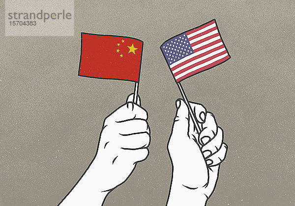 Hände schwenken kleine amerikanische und chinesische Flaggen