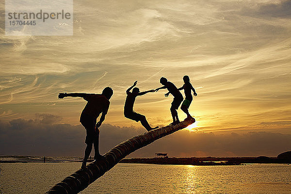 Silhouette sorgloser Kinder  die auf einem Baumstamm über dem Meer bei Sonnenuntergang spielen  La Ticla  Michoacan  Mexiko