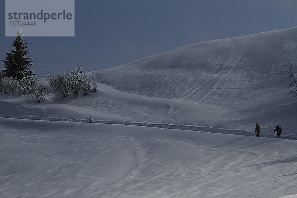 Schneeschuhwanderer auf einem verschneiten Berg  Surcuolm  Kanton Graubünden  Schweiz