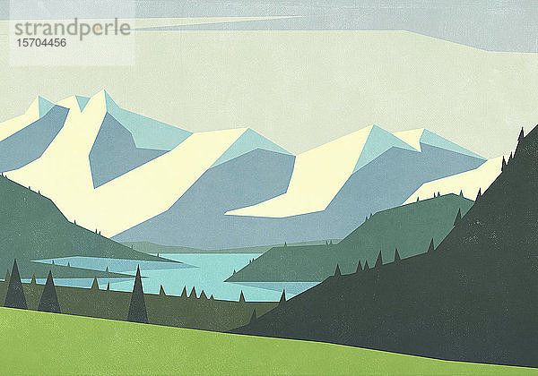 Malerische Landschaft mit Blick auf Berge und einen ruhigen Fluss