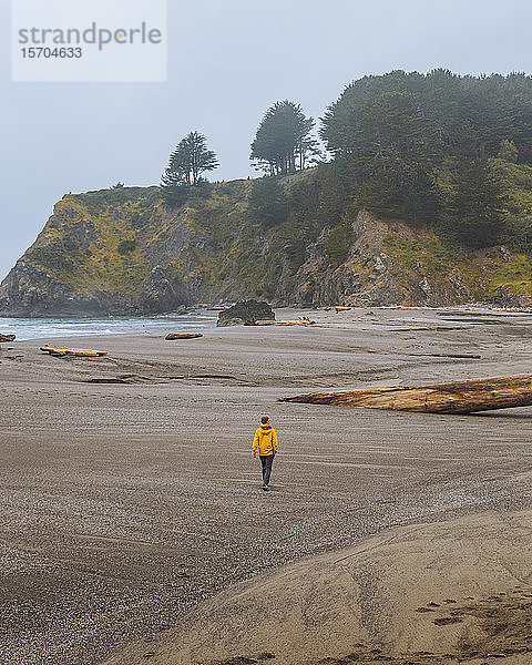 Wanderin  die am Strand an einem nebligen Nachmittag am Strand spazieren geht  Kalifornien  USA