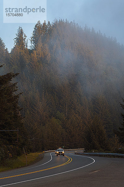 Fahrzeuge fahren an einem nebligen Nachmittag auf einer windigen Straße entlang der Küste  Redwood Forest  Kalifornien  USA