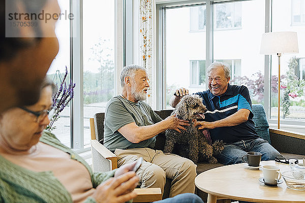 Lächelnde ältere Männer streicheln Hund auf Sofa sitzend gegen Fenster im Altenpflegeheim