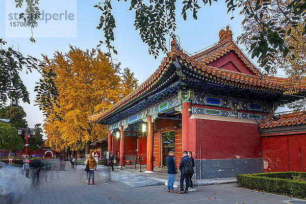 Blick auf Herbstfarben und Souvenirladen im Jingshan-Park in der Abenddämmerung  Xicheng  Peking  Volksrepublik China  Asien