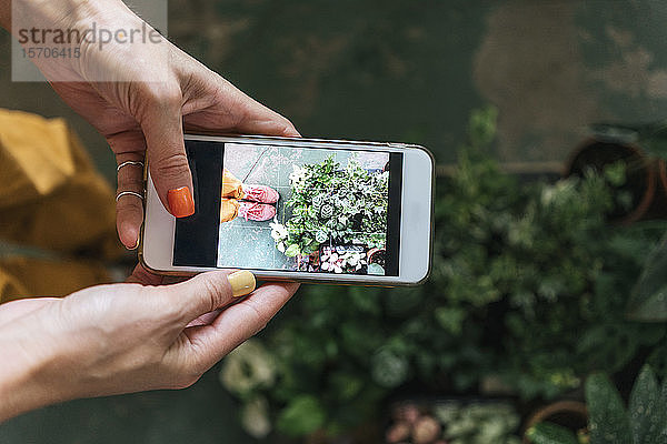 Nahaufnahme einer Frau  die mit einem Smartphone Pflanzen fotografiert