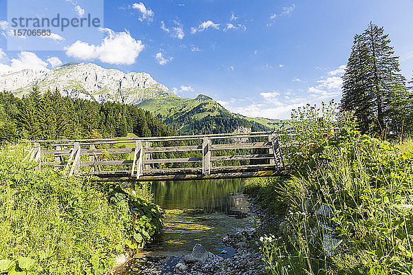 Österreich  Kärnten  Holzbrücke über den See in den Karnischen Alpen im Sommer
