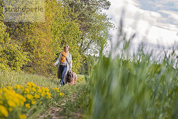 Frau geht mit Hund auf einem Feld spazieren