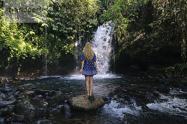 Junge Frau steht auf einem Felsen an einem Wasserfall  Bali  Indonesien