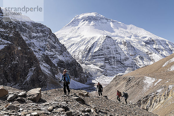 Trekkinggruppe am Chonbarden-Gletscher  Dhaulagiri 1  Dhaulagiri Circuit Trek  Himalaya  Nepal