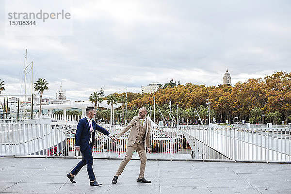Elegantes schwules Paar geht Hand in Hand auf der Promenade  Malaga  Spanien