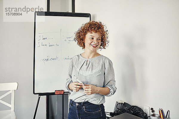 Lächelnde Geschäftsfrau leitet eine Präsentation am Flipchart im Konferenzraum