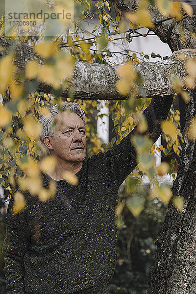 Porträt eines ernsthaften älteren Mannes am Baum im Garten