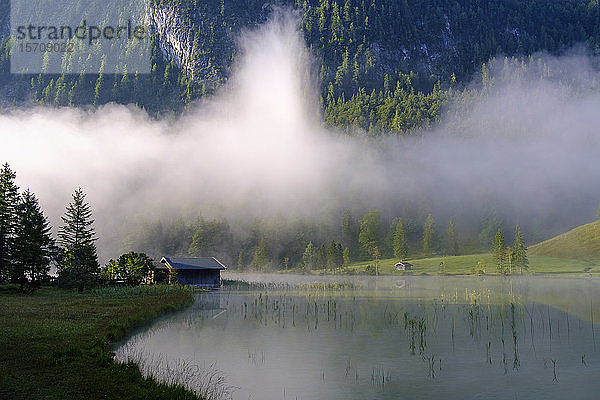 Deutschland  Bayern  Mittenwald  Abgeschiedene Hütte am Ufer des Ferchensees mit dichtem Nebel im Hintergrund