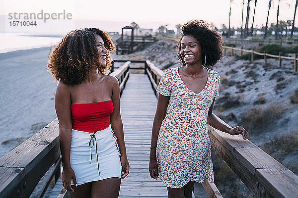 Junge lächelnde Frauen beim gemeinsamen Spaziergang in Strandnähe