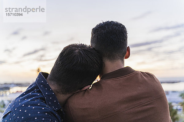 Rückansicht eines schwulen Paares auf einem Aussichtspunkt über der Stadt  Barcelona  Spanien