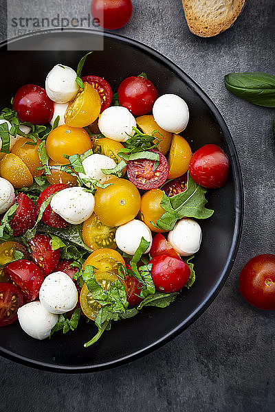 Draufsicht auf Salat mit Rucola  Mozzarella  Kirschtomaten und Basilikum