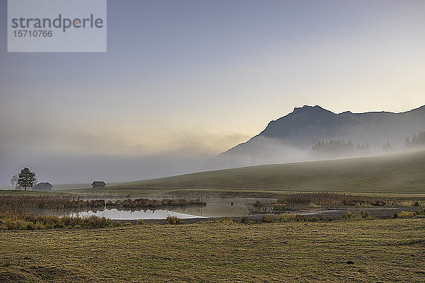 Deutschland  Bayern  Garmisch-Partenkirchen  Morgennebel  der im Herbst über das Ufer des Schmalensees zieht